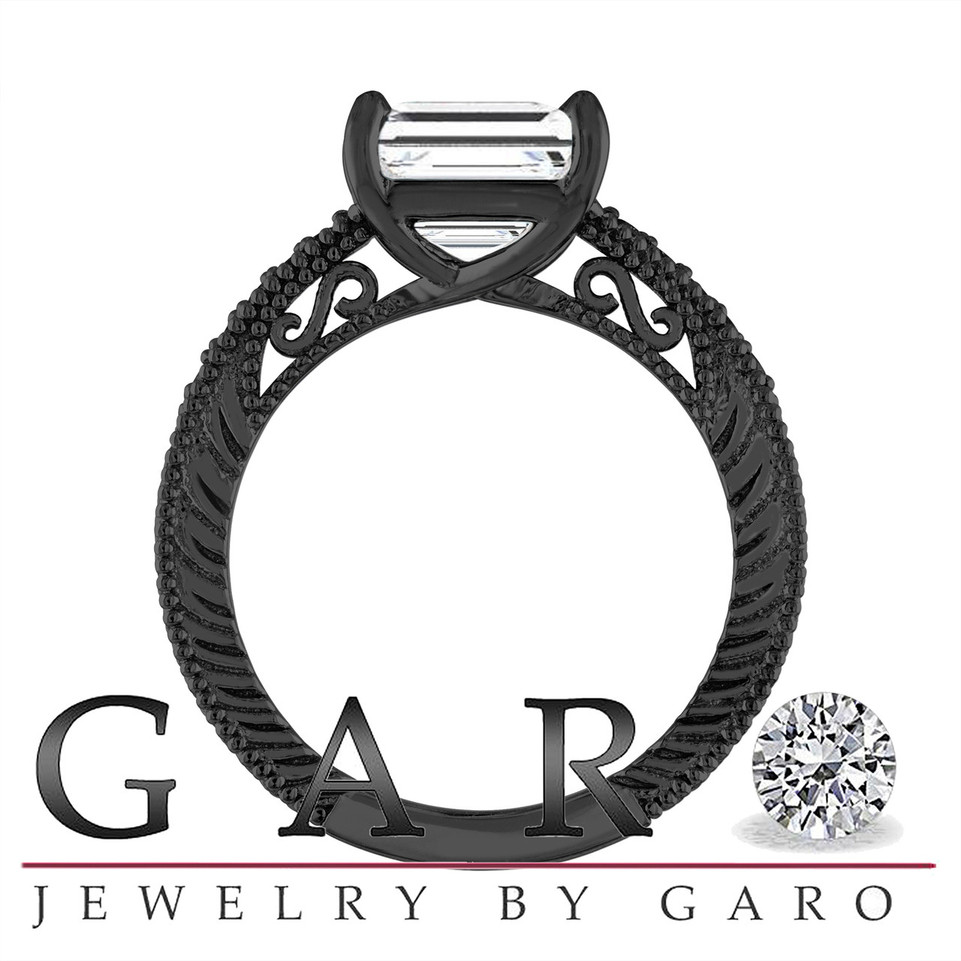 4.15 Carat Emerald Cut Lab Grown Diamond Engagement Ring IGI Certified Unique Filigree Vintage Style 14K Black Gold Handmade