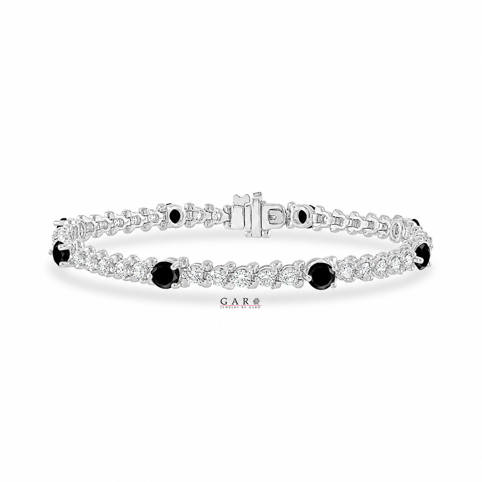 5.58 Carat Black and White Diamond Tennis Bracelet 14K White Gold Unique Martini Style Handmade Certified
