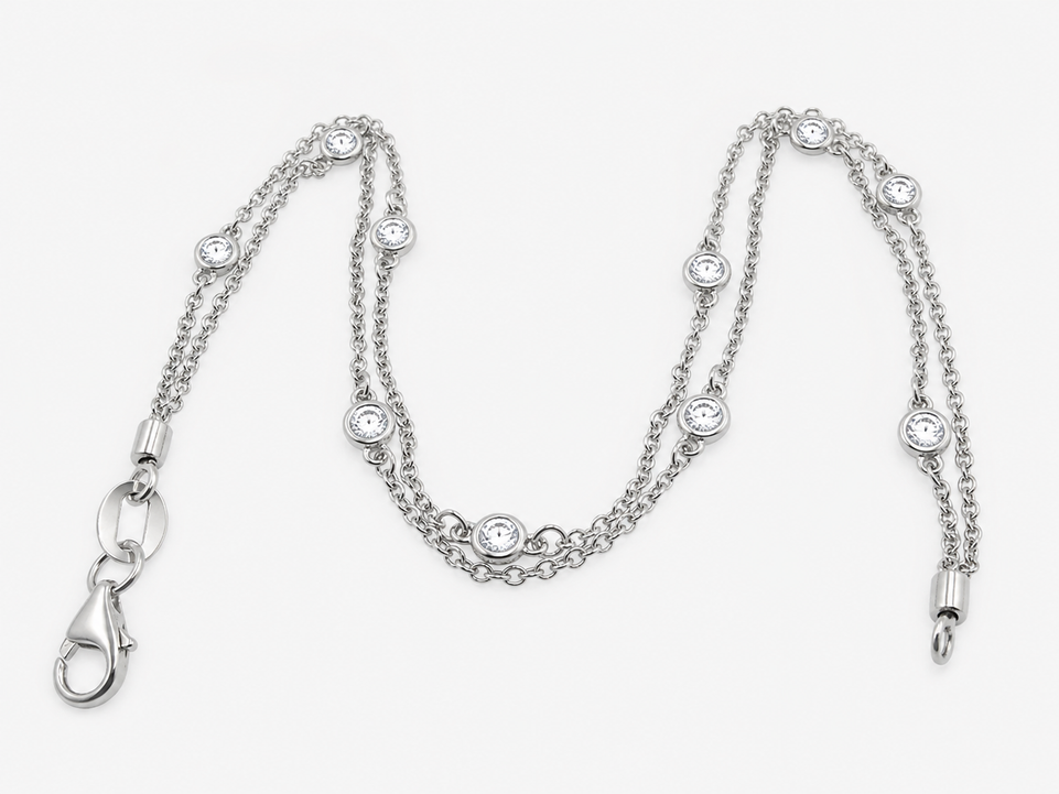 Two Rows Diamond Station Bracelet Bezel Set 14K White Gold 0.36 Carat Certified Handmade 