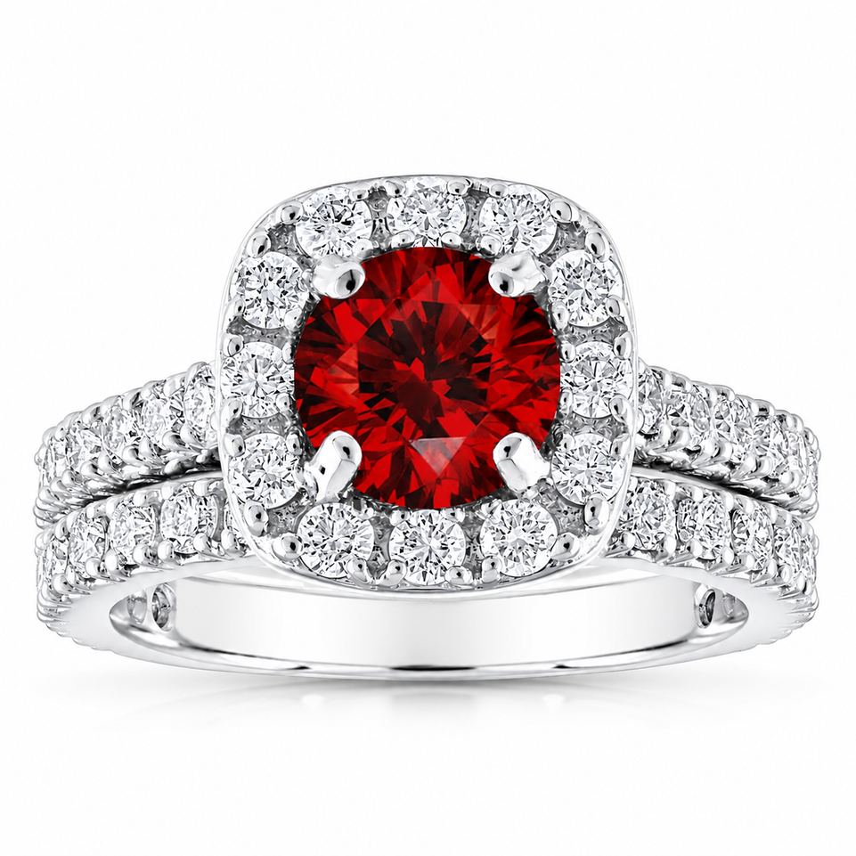 2.55 Carat Red Diamond Halo Engagement Ring And Wedding Band Set 14k White Gold Unique Handmade Certified