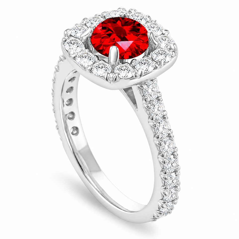 2.55 Carat Red Diamond Halo Engagement Ring And Wedding Band Set 14k White Gold Unique Handmade Certified
