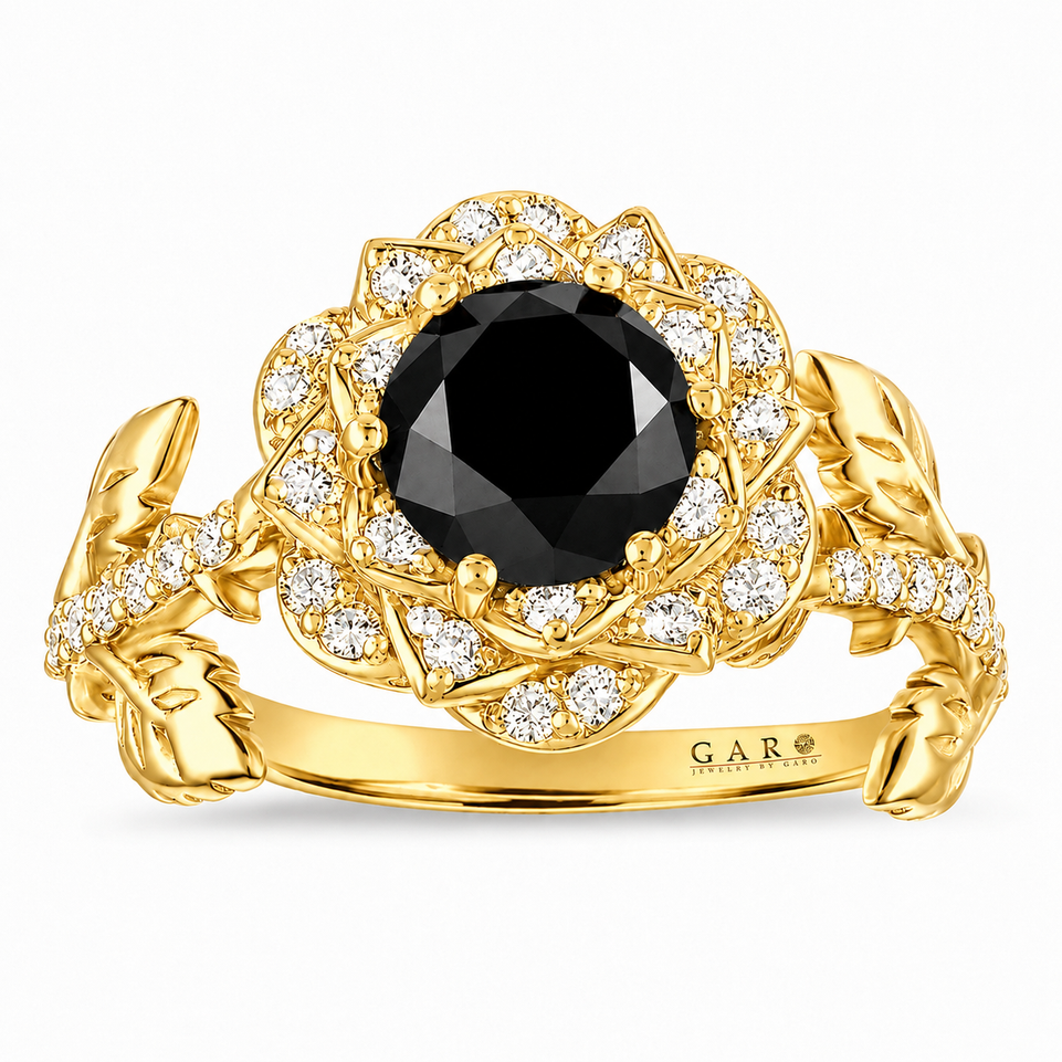 1.55 Carat Black and White Diamonds Rose Flower Engagement Ring Halo Unique Floral 14K White Gold, Rose Gold or Yellow Gold Handmade Certified