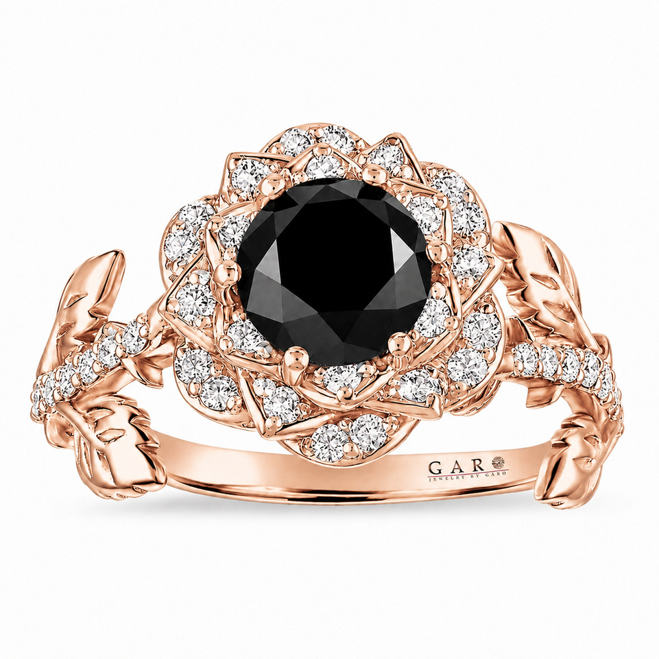 1.55 Carat Black and White Diamonds Rose Flower Engagement Ring Halo Unique Floral 14K White Gold, Rose Gold or Yellow Gold Handmade Certified