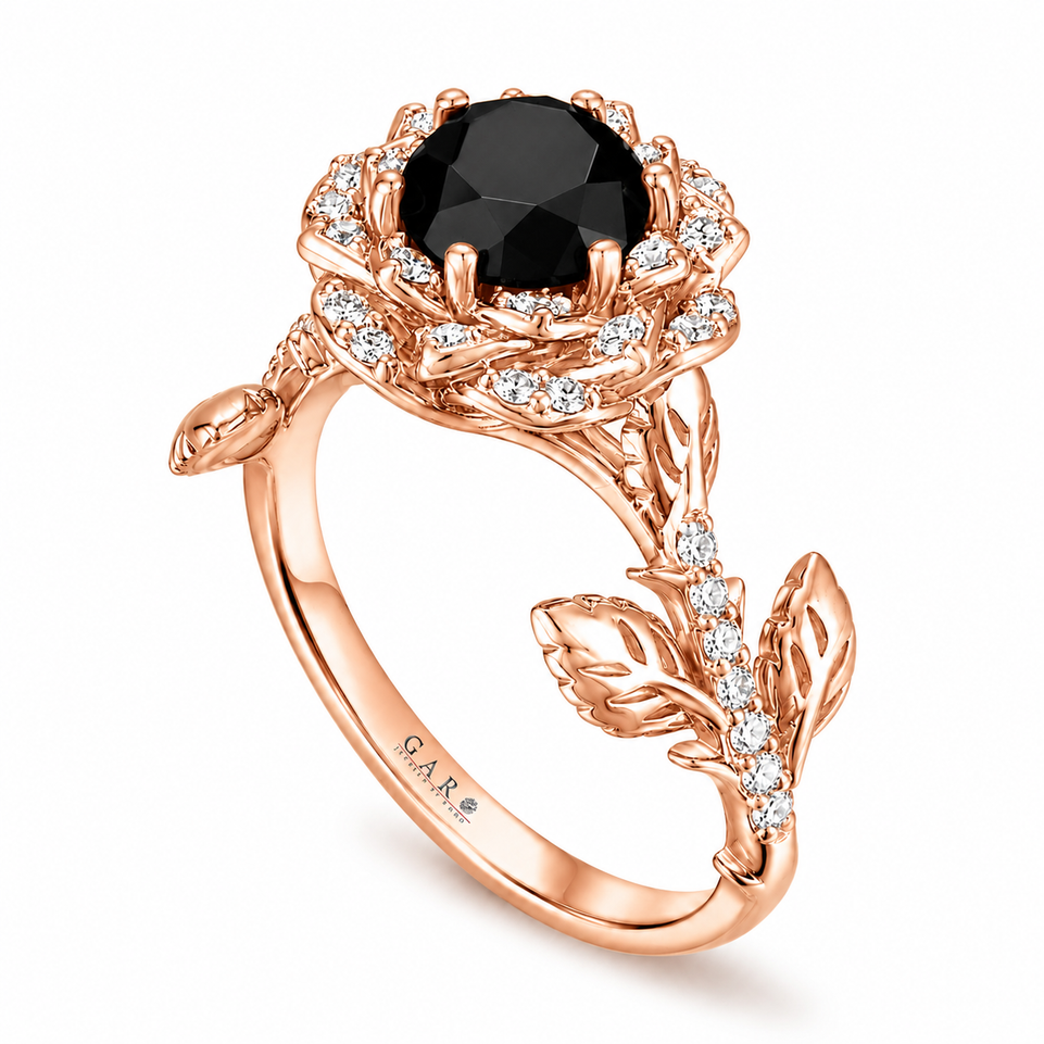 1.55 Carat Black and White Diamonds Rose Flower Engagement Ring Halo Unique Floral 14K White Gold, Rose Gold or Yellow Gold Handmade Certified