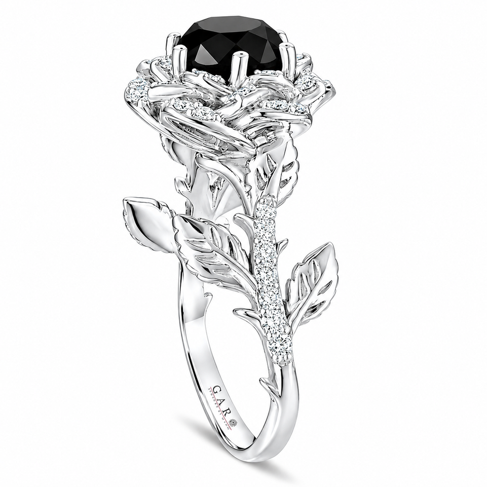 Platinum Black Diamonds Rose Flower Halo Engagement Ring 1.55 Carat Unique Floral Handmade Certified