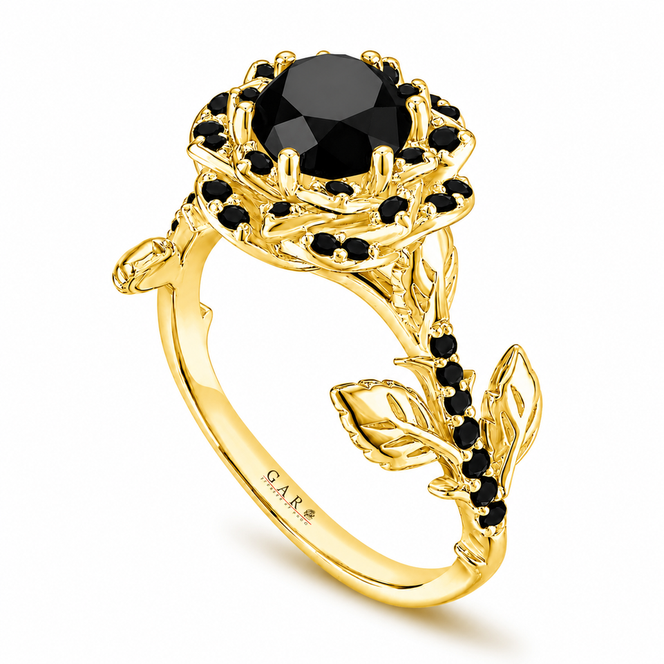 1.57 Carat Black Diamond Floral Engagement Ring Rose Flower Halo Ring 14K White Gold Rose Gold Yellow Gold Handmade Certified