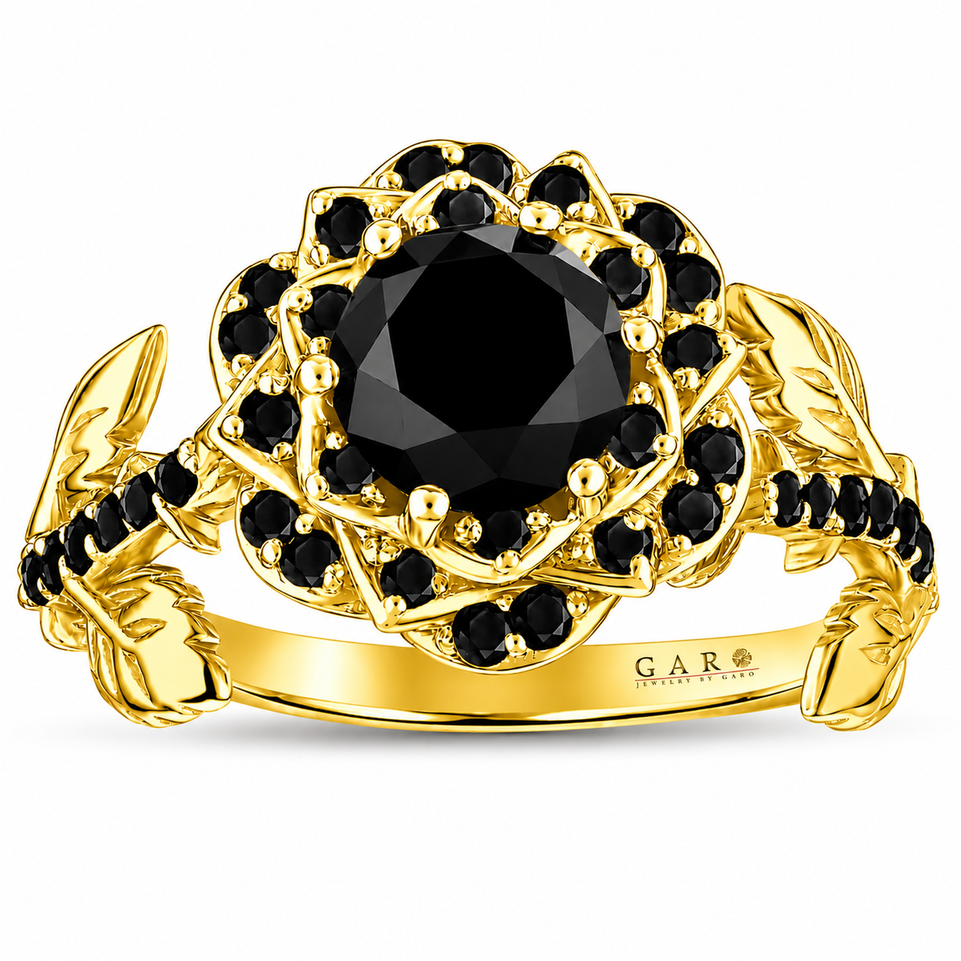 1.57 Carat Black Diamond Floral Engagement Ring Rose Flower Halo Ring 14K White Gold Rose Gold Yellow Gold Handmade Certified