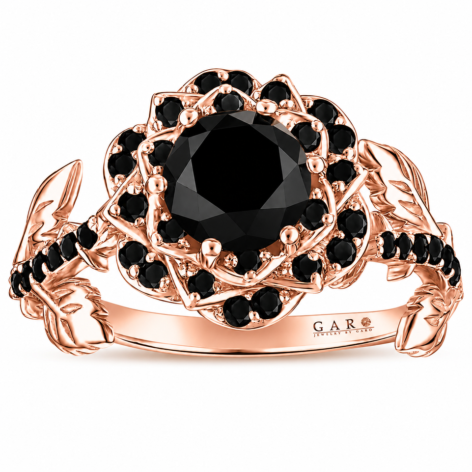 1.57 Carat Black Diamond Floral Engagement Ring Rose Flower Halo Ring 14K White Gold Rose Gold Yellow Gold Handmade Certified