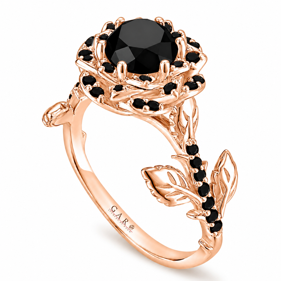 1.57 Carat Black Diamond Floral Engagement Ring Rose Flower Halo Ring 14K White Gold Rose Gold Yellow Gold Handmade Certified