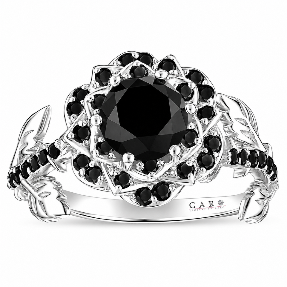 Black Diamond Rose Blossom Engagement Ring 1.57 Carat Floral Halo Ring Platinum Nature Inspired Handmade Certified