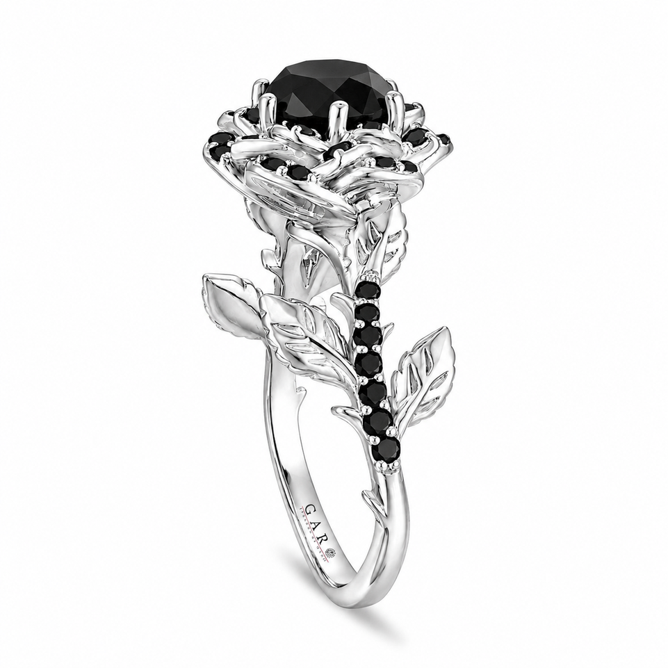 Black Diamond Rose Blossom Engagement Ring 1.57 Carat Floral Halo Ring Platinum Nature Inspired Handmade Certified