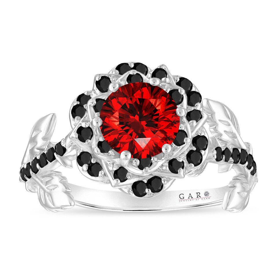 1.38 Carat Red Diamond Floral Halo Engagement Ring Unique Rose Flower 14K White Gold Handmade Certified