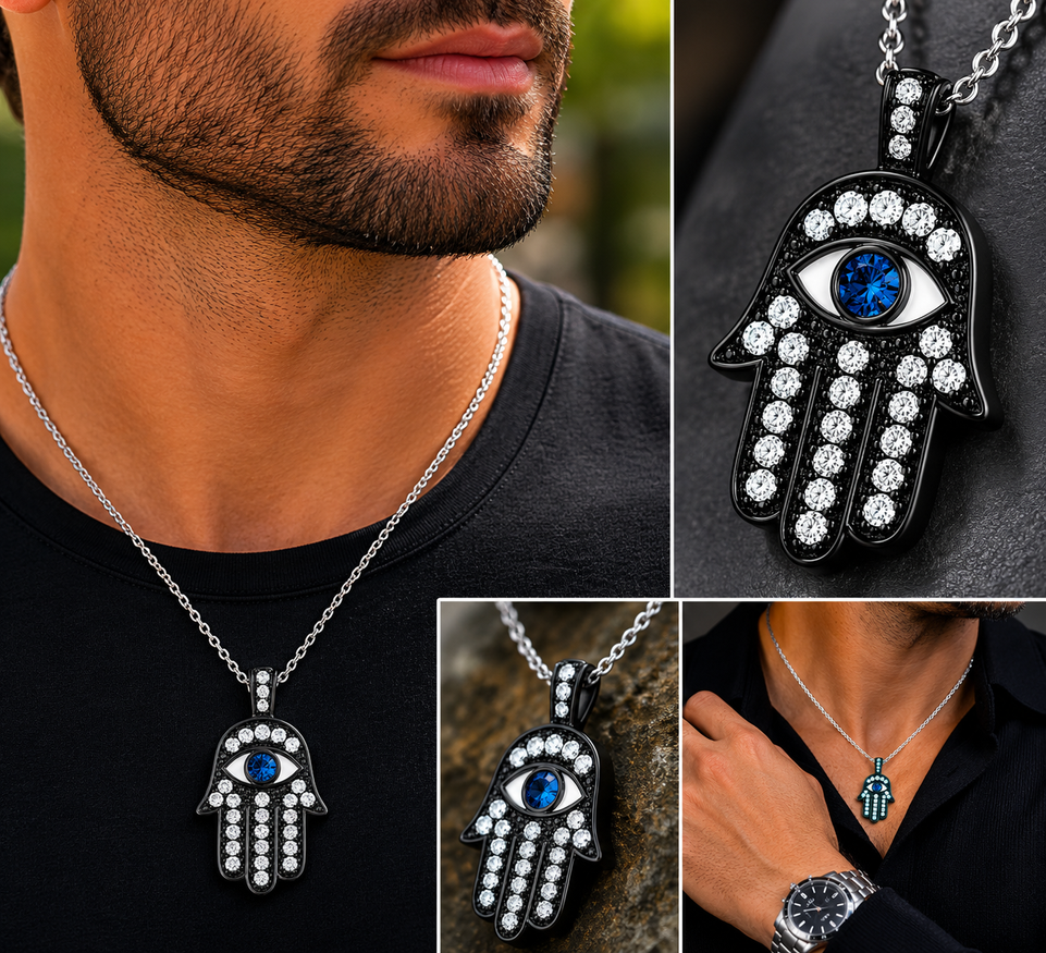 Large Hamsa Diamond Pendant Necklace, Evil Eye Pendant, 1.70 Carat Vintage Style 14K Black Gold Unique Handmade