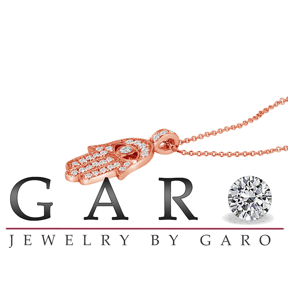 0.35 Carat Diamond Hamsa Pendant Necklace 14K Rose Gold Handmade Certified 