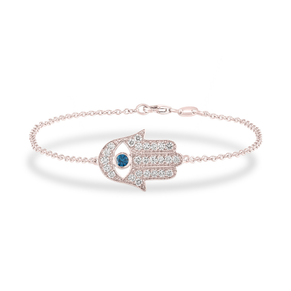 Blue Diamond Eye Hamsa Diamond Bracelet 18K Rose Gold 0.93 Carat Unique Certified Handmade Blue Diamond Eye Hamsa Diamond Bracelet 18K Rose Gold 0.93 Carat Unique Certified Handmade