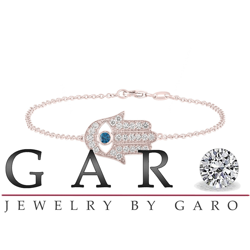 Blue Diamond Eye Hamsa Diamond Bracelet 18K Rose Gold 0.93 Carat Unique Certified Handmade Blue Diamond Eye Hamsa Diamond Bracelet 18K Rose Gold 0.93 Carat Unique Certified Handmade