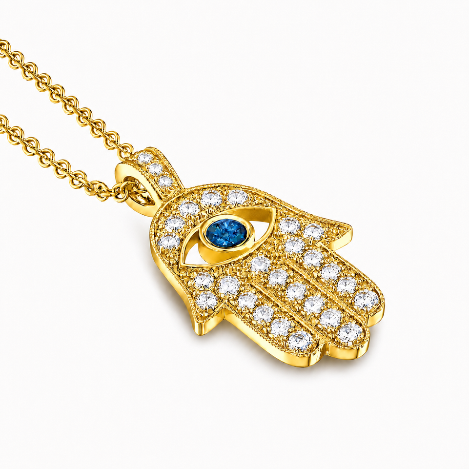 1.70 Carat Large Hamsa Diamond Pendant Necklace with Blue Diamond Accent 14K Yellow Gold, White Gold Or Rose Gold Handmade