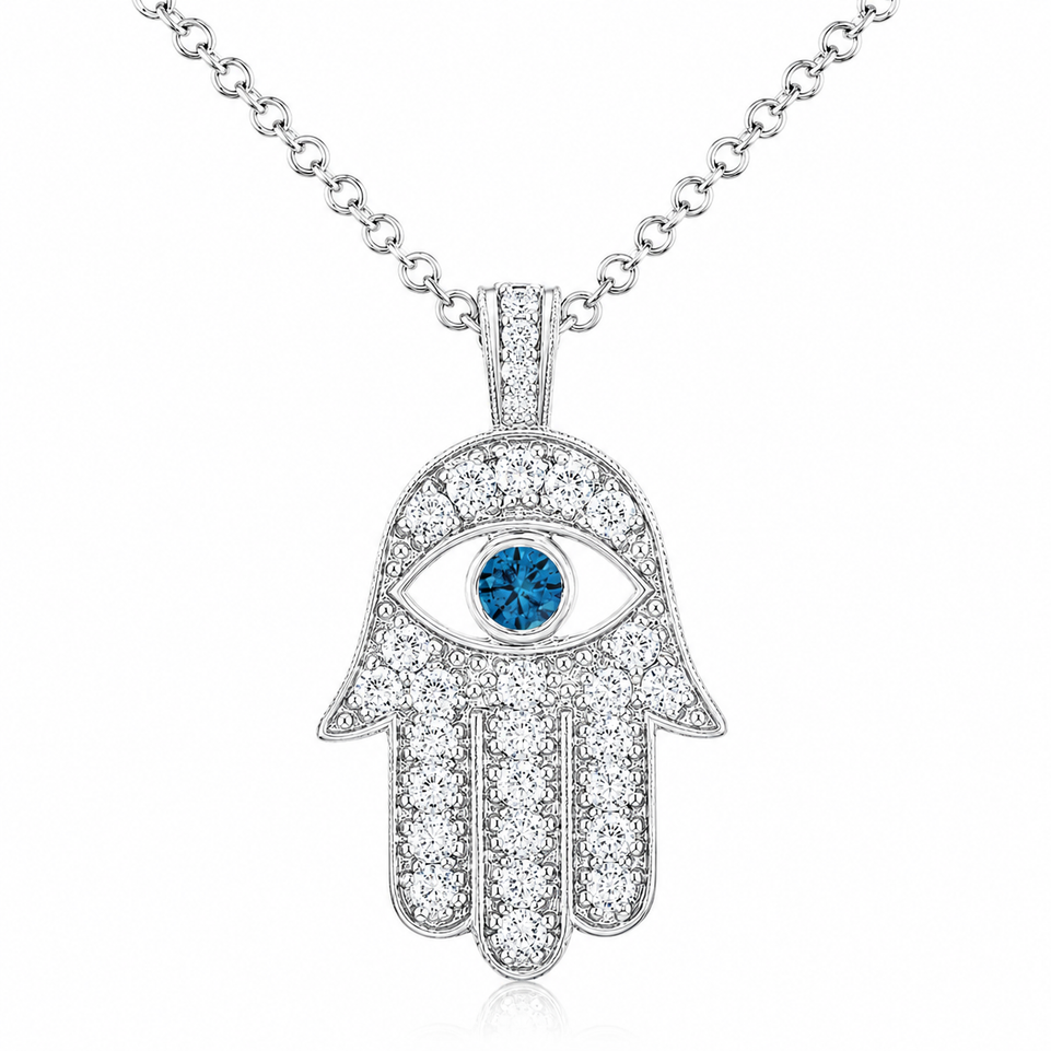 1.70 Carat Large Hamsa Diamond Pendant Necklace with Blue Diamond Accent 14K Yellow Gold, White Gold Or Rose Gold Handmade