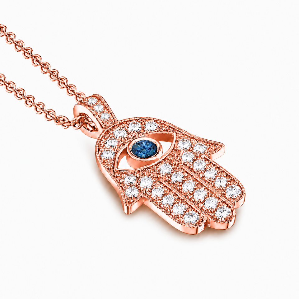 1.70 Carat Large Hamsa Diamond Pendant Necklace with Blue Diamond Accent 14K Yellow Gold, White Gold Or Rose Gold Handmade