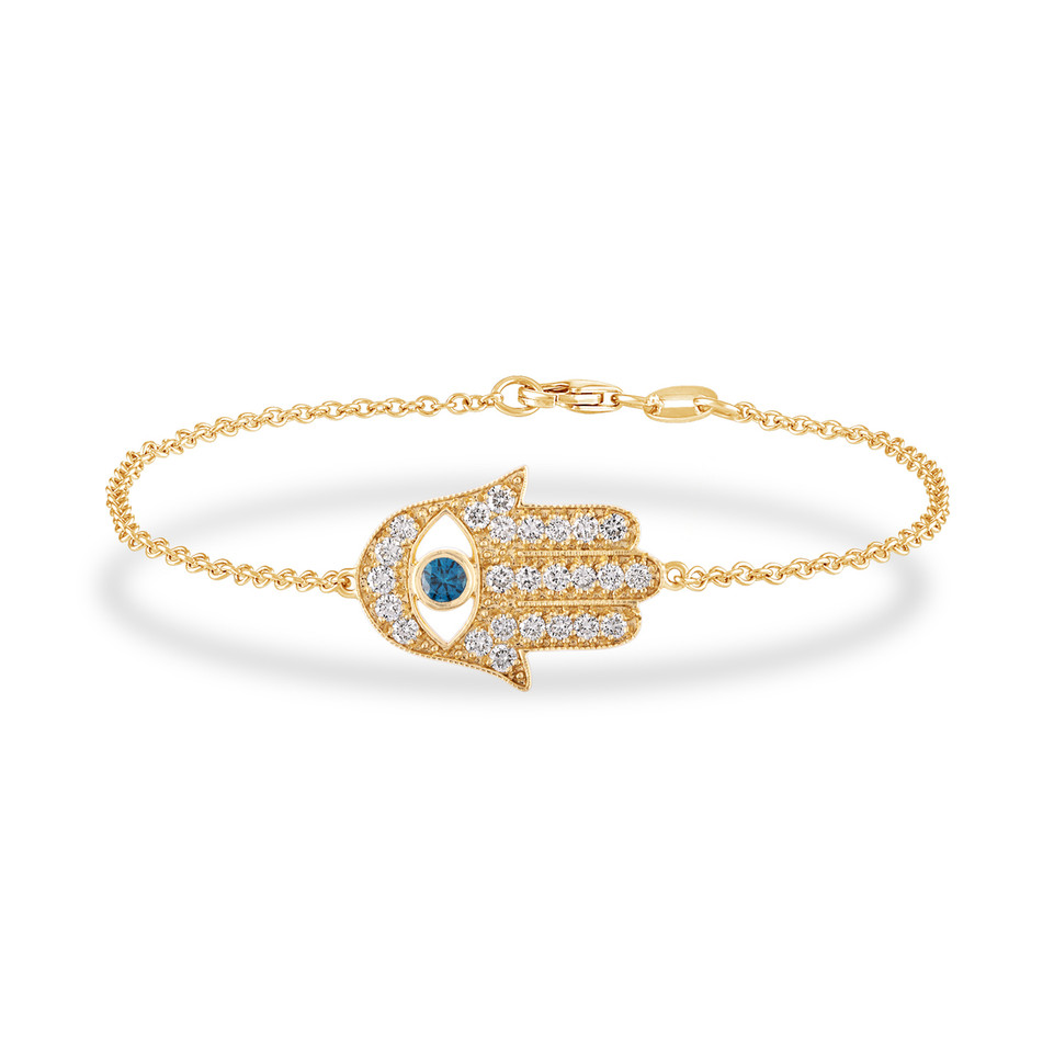 Blue Diamond Eye Hamsa Diamond Bracelet 18K Yellow Gold 0.93 Carat Unique Certified Handmade