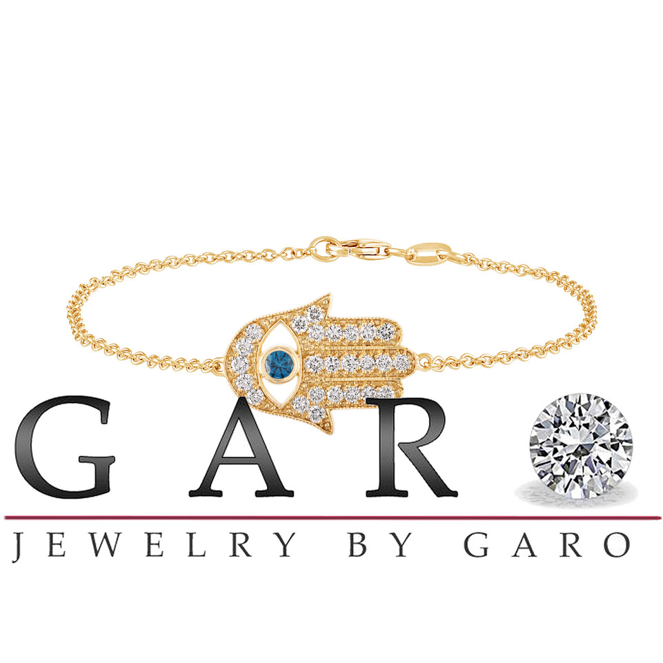 Blue Diamond Eye Hamsa Diamond Bracelet 18K Yellow Gold 0.93 Carat Unique Certified Handmade