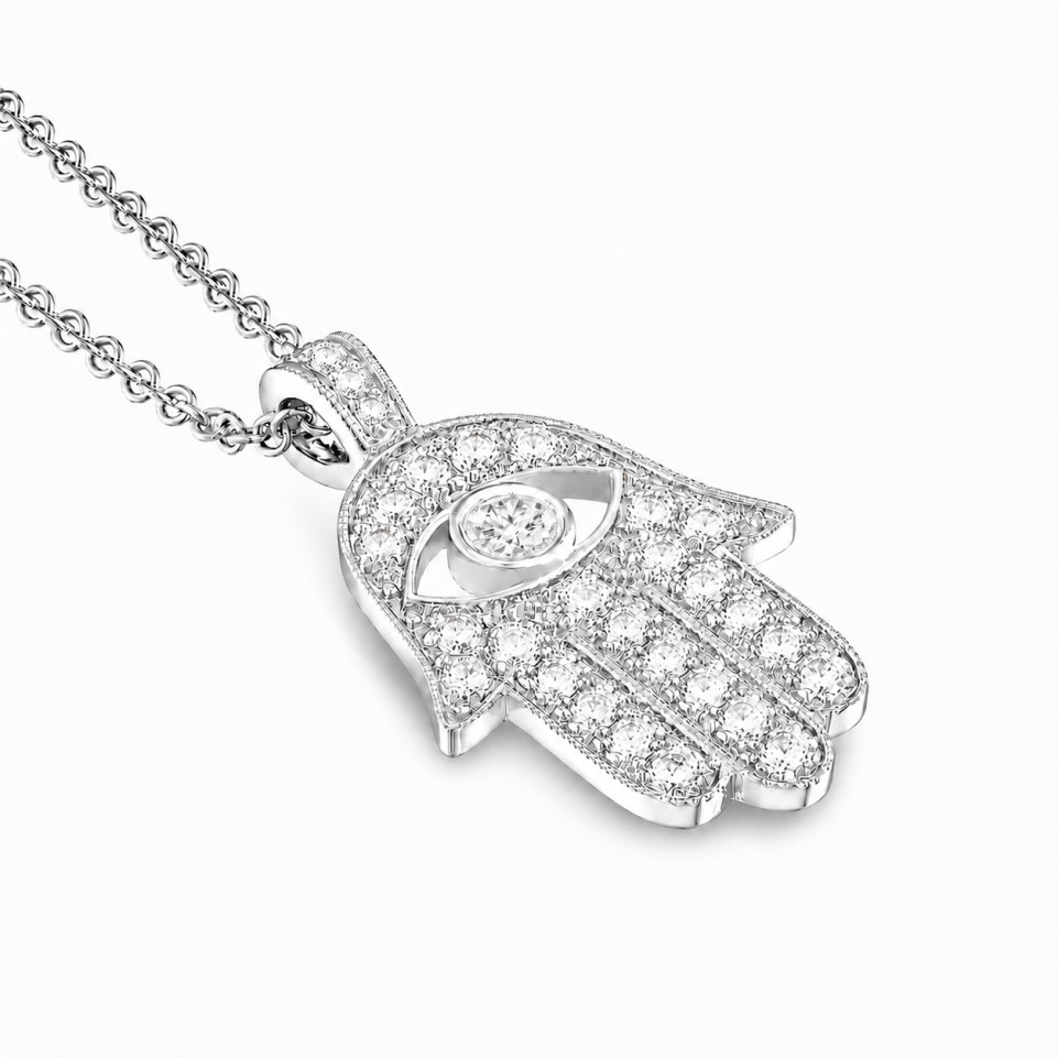 Platinum Large Hamsa Diamond Pendant Necklace Unique 1.70 Carat Certified Handmade