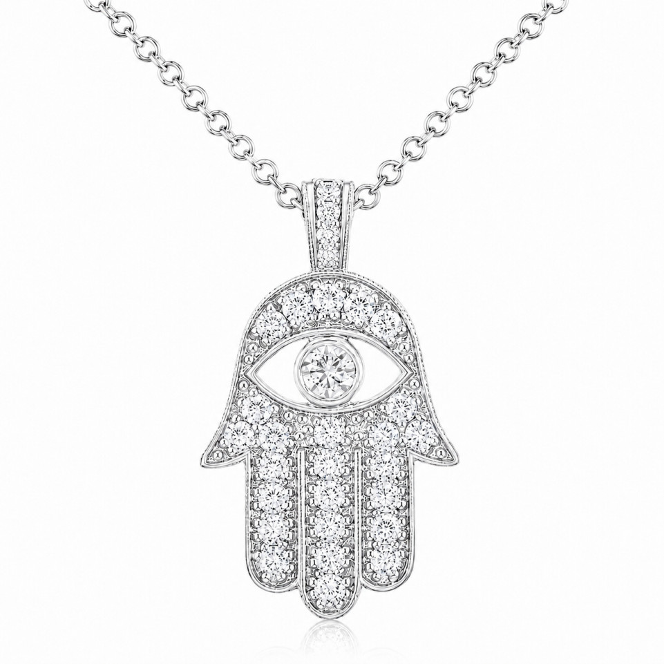 Platinum Large Hamsa Diamond Pendant Necklace Unique 1.70 Carat Certified Handmade