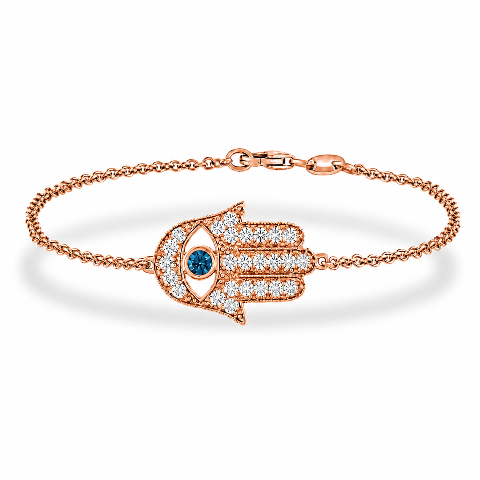 Hamsa Diamond Bracelet With Blue Diamond Accent, 18K Yellow Gold, White Gold or Rose Gold  0.93 Carat Handmade