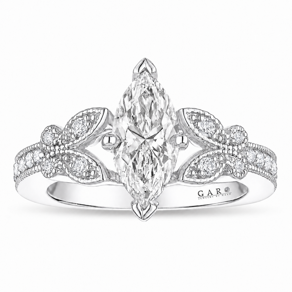 1.19 Carat Lab Grown Marquise Diamond Butterfly Floral Engagement Ring 14K White Gold IGI Certified Handmade Nature Inspired