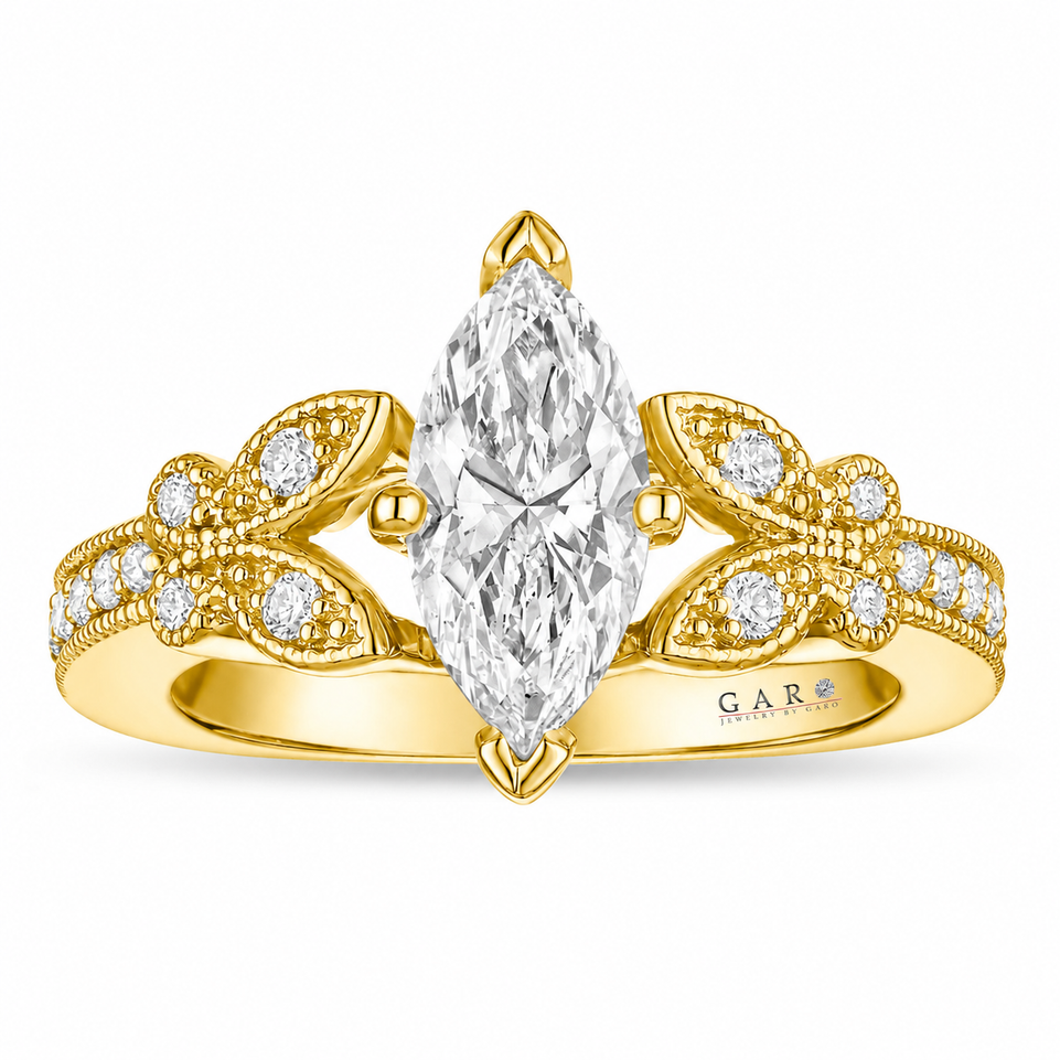 1.19 Carat Lab Grown Marquise Diamond Butterfly Floral Engagement Ring 14K Yellow Gold IGI Certified Handmade Nature Inspired