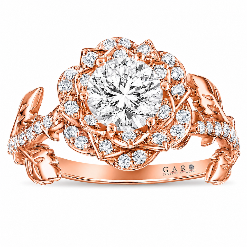 1.36 Carat Lab Grown Diamond Floral Halo Engagement Ring Rose Flower Anniversary Ring  IGI Certified 14K White Gold, Rose Gold Or Yellow Gold Unique Handmade