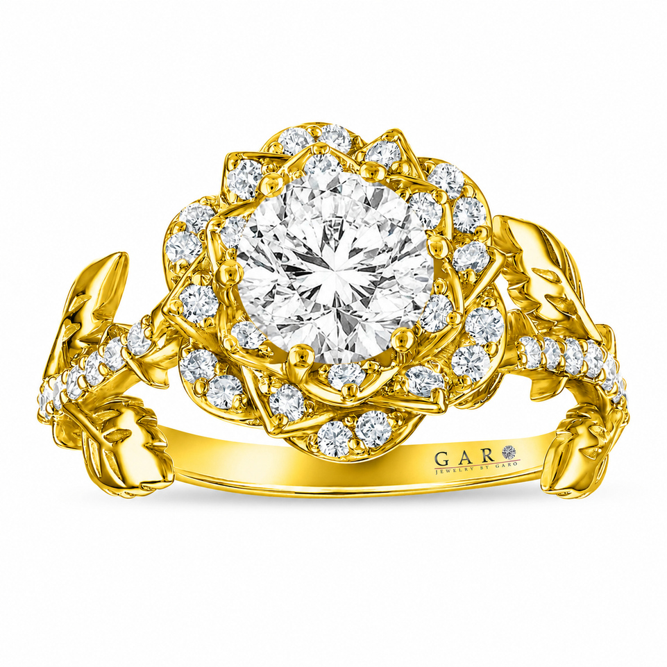 1.36 Carat Lab Grown Diamond Floral Halo Engagement Ring Rose Flower Anniversary Ring  IGI Certified 14K White Gold, Rose Gold Or Yellow Gold Unique Handmade