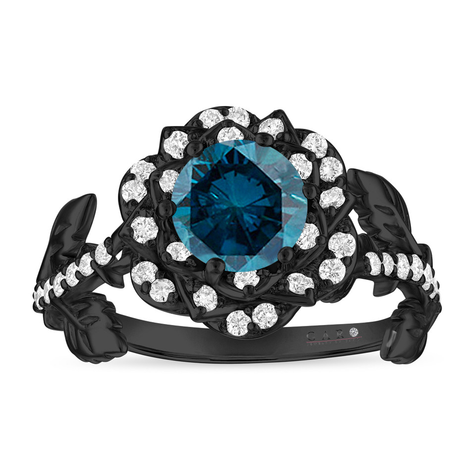 1.36 Carat Blue Diamond Floral Halo Engagement Ring Unique Rose Flower 14K Black Gold Vintage Style Handmade Certified