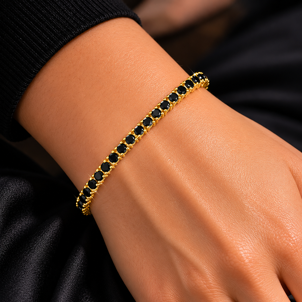12.50 Carat Black Diamond Tennis Bracelet in 14K Yellow Gold Handmade Certified