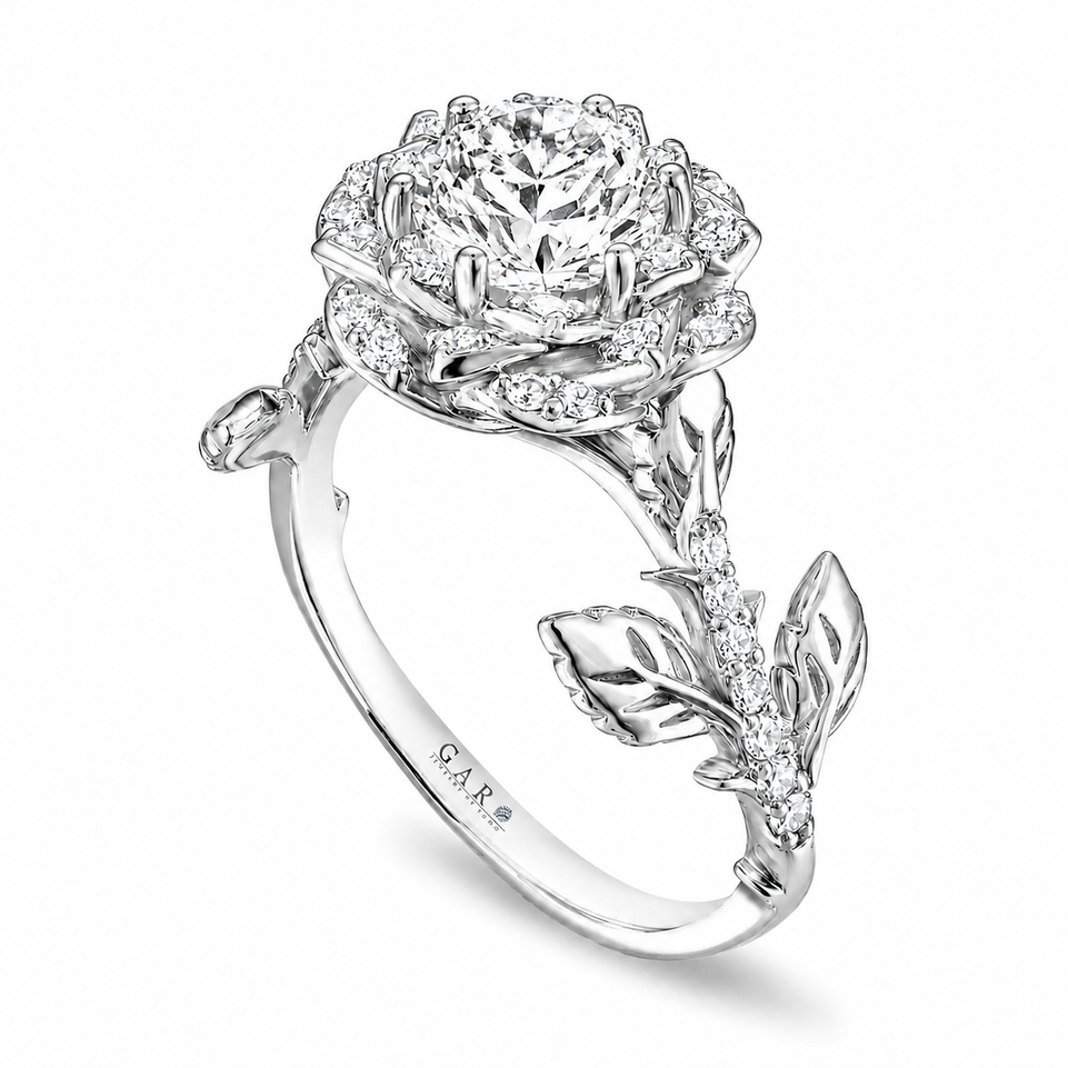 1.36 Carat Natural Diamond Floral Halo Engagement Ring Unique Rose Flower GIA Certified 14K White Gold, Rose Gold Or Yellow Gold Handmade
