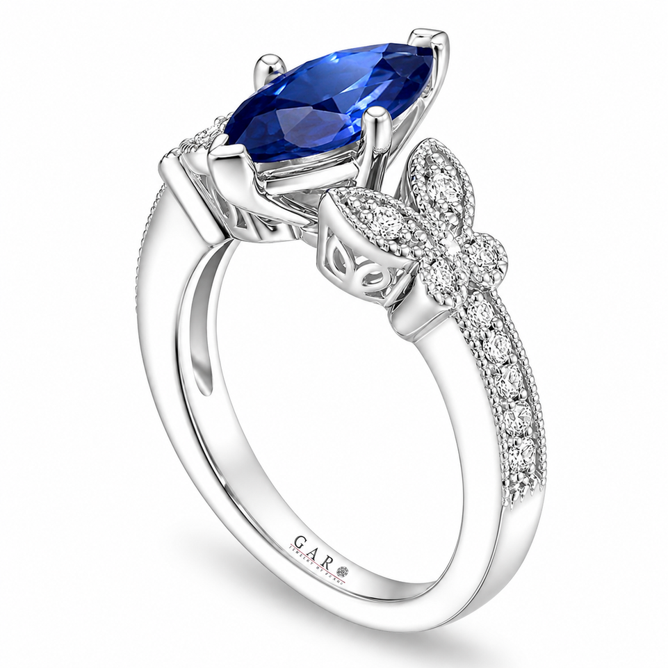 Marquise Blue Sapphire Butterfly Engagement Ring 1.20 Carat Nature Inspired Unique 14K White Gold Handmade Certified