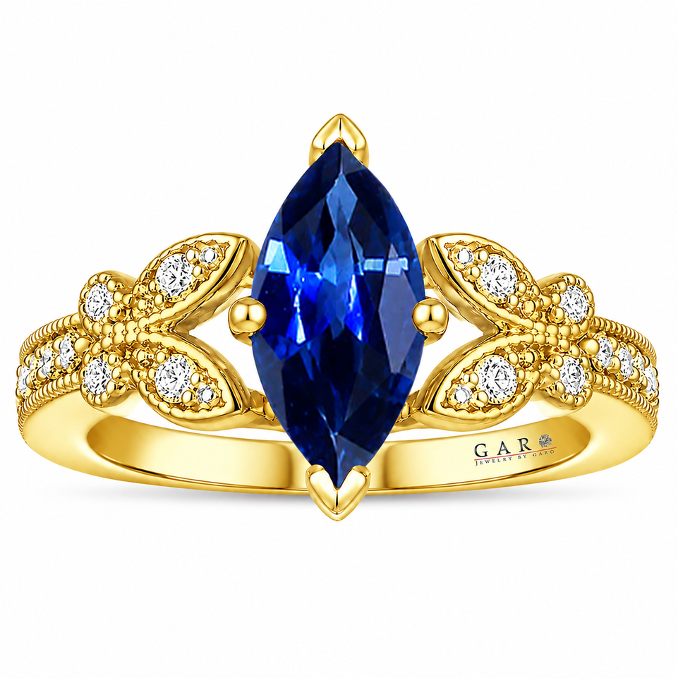 Marquise Blue Sapphire Butterfly Engagement Ring 1.20 Carat Nature Inspired 14K White Gold Handmade Certified