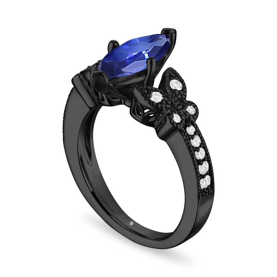 Marquise Sapphire Butterfly Engagement Ring 1.20 Carat 14K Black Gold Vintage Style Unique Certified Handmade