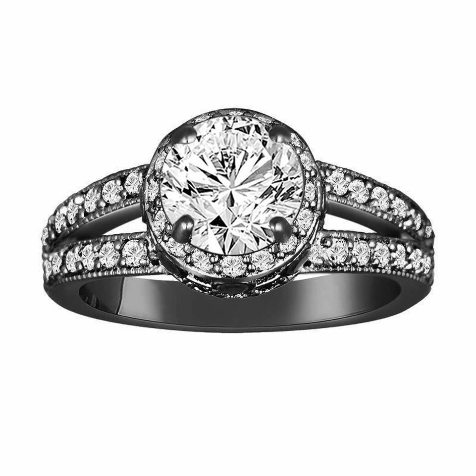 Lab Grown Diamond Halo Engagement Ring 1.73 Carat 14K Black Gold Vintage Style IGI Certified Unique Handmade