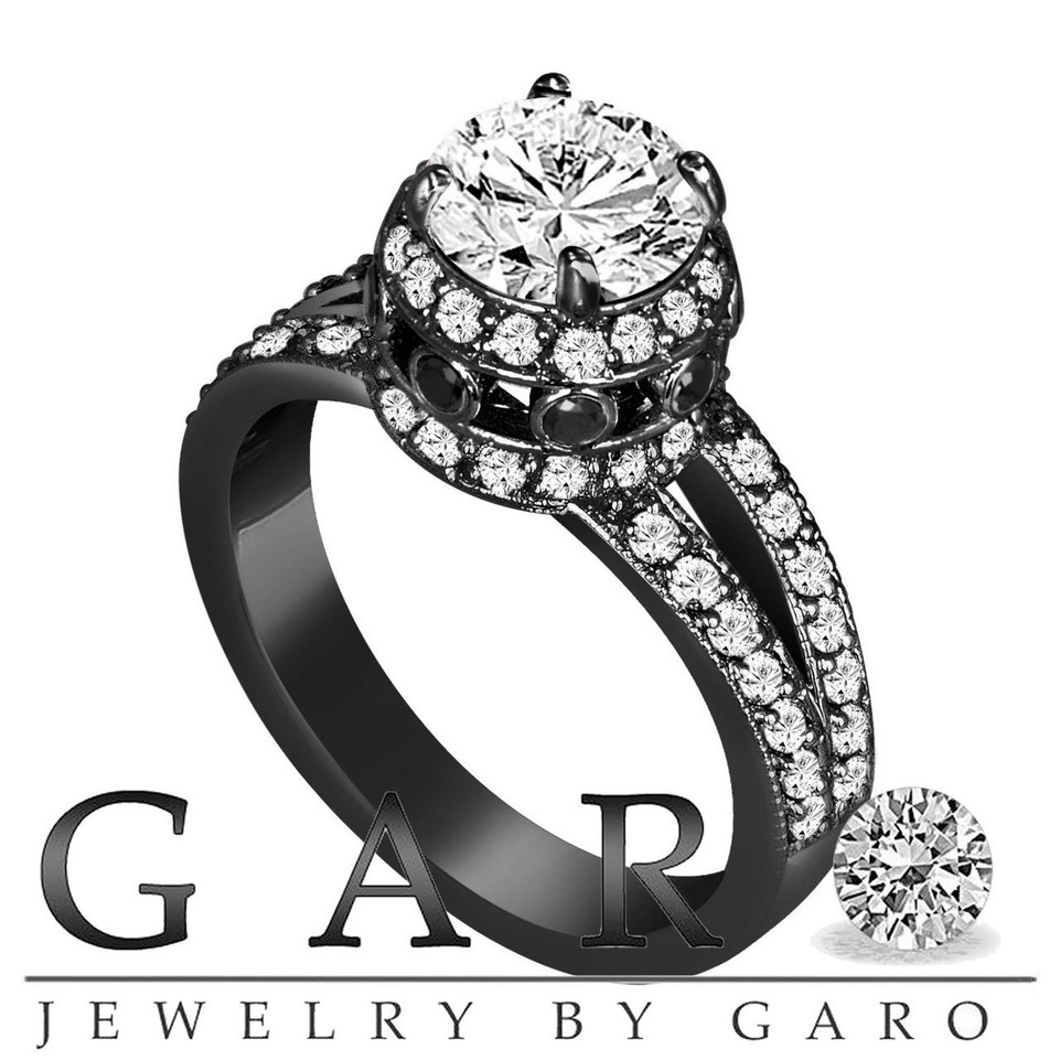 Lab Grown Diamond Halo Engagement Ring 1.73 Carat 14K Black Gold Vintage Style IGI Certified Unique Handmade
