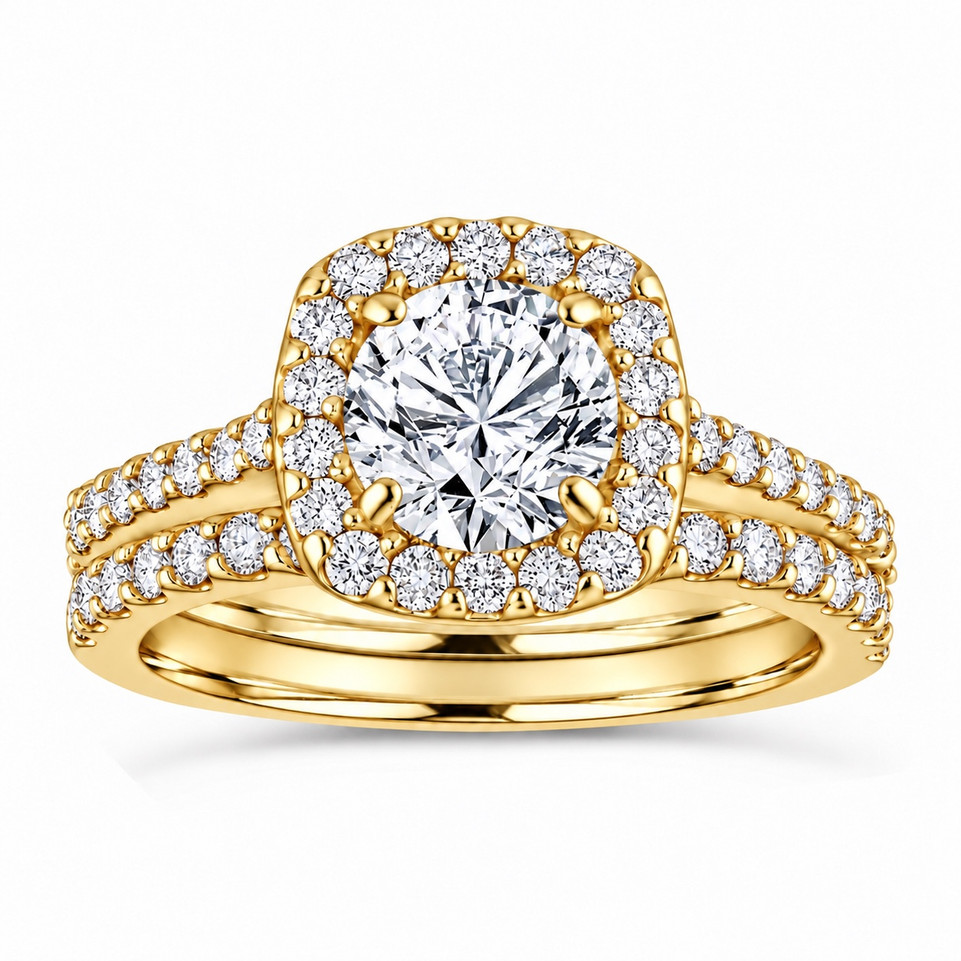 Round Lab-Grown Diamond Engagement Ring Set 1.87 ct Cushion Halo 14K Gold IGI Certified Handmade