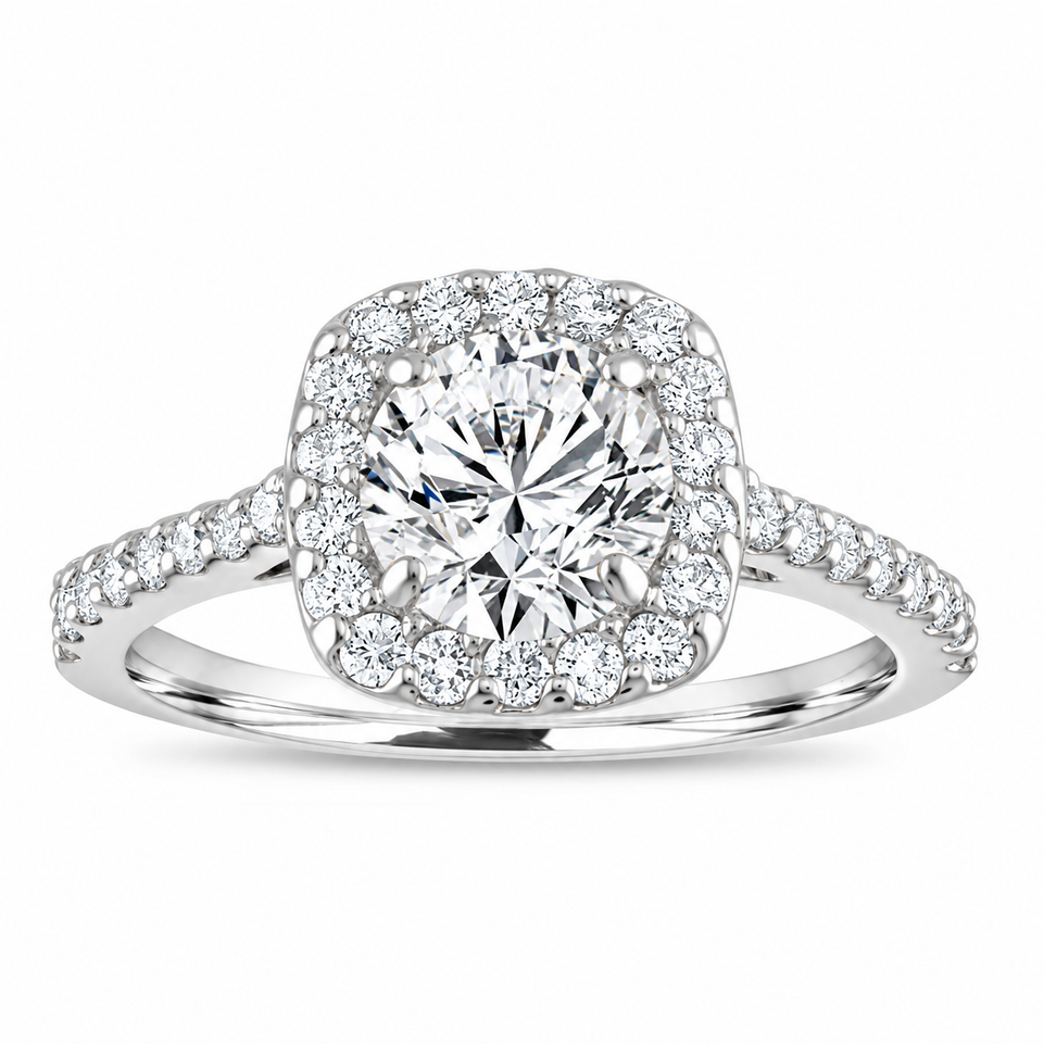 Round Lab-Grown Diamond Engagement Ring Set 1.87 ct Cushion Halo 14K Gold IGI Certified Handmade