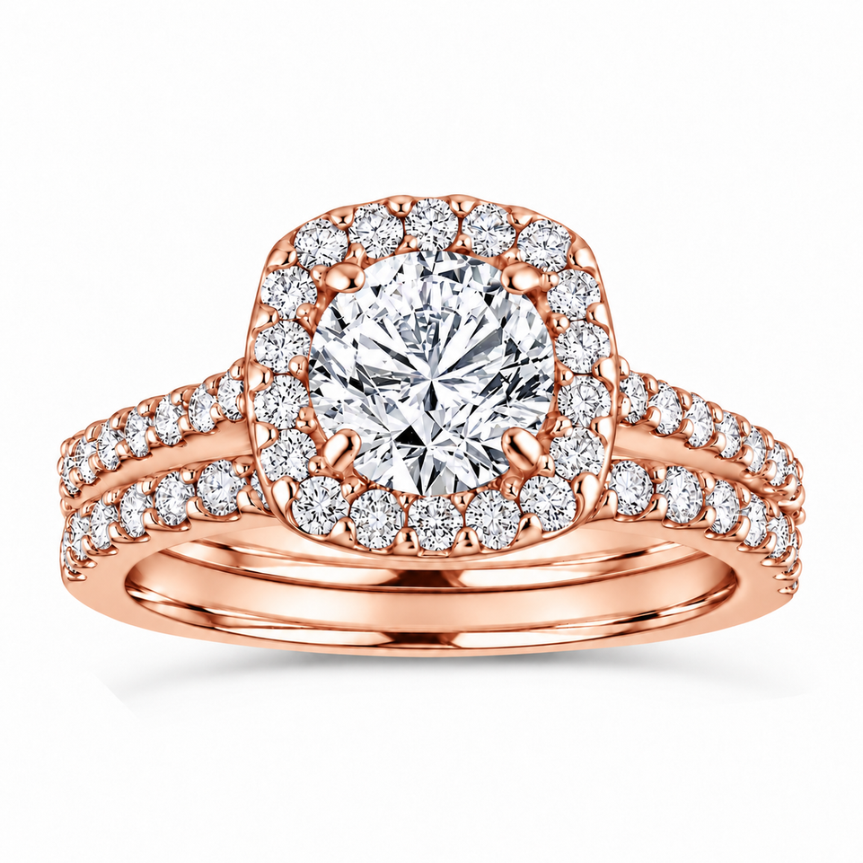 Round Lab-Grown Diamond Engagement Ring Set 1.87 ct Cushion Halo 14K Gold IGI Certified Handmade