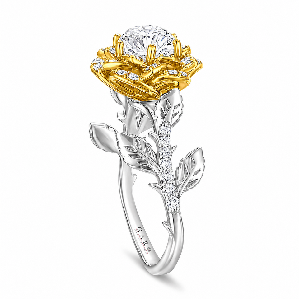 1.36 Carat Diamond Floral Halo Engagement Ring Rose Flower Unique Anniversary Ring  GIA Certified 14K Yellow Gold Handmade