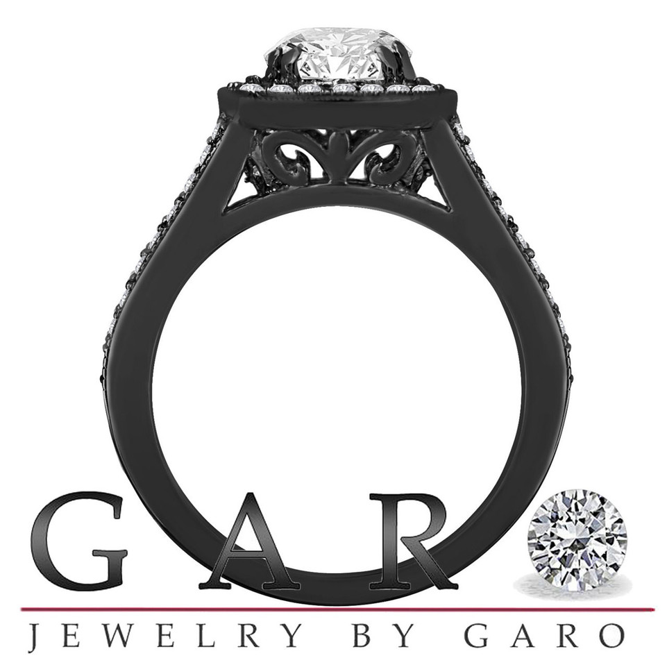 Colorless Lab Grown Diamond Halo Engagement Ring 1.57 Carat 14K Black Gold Vintage Style  IGI Certified Unique Handmade