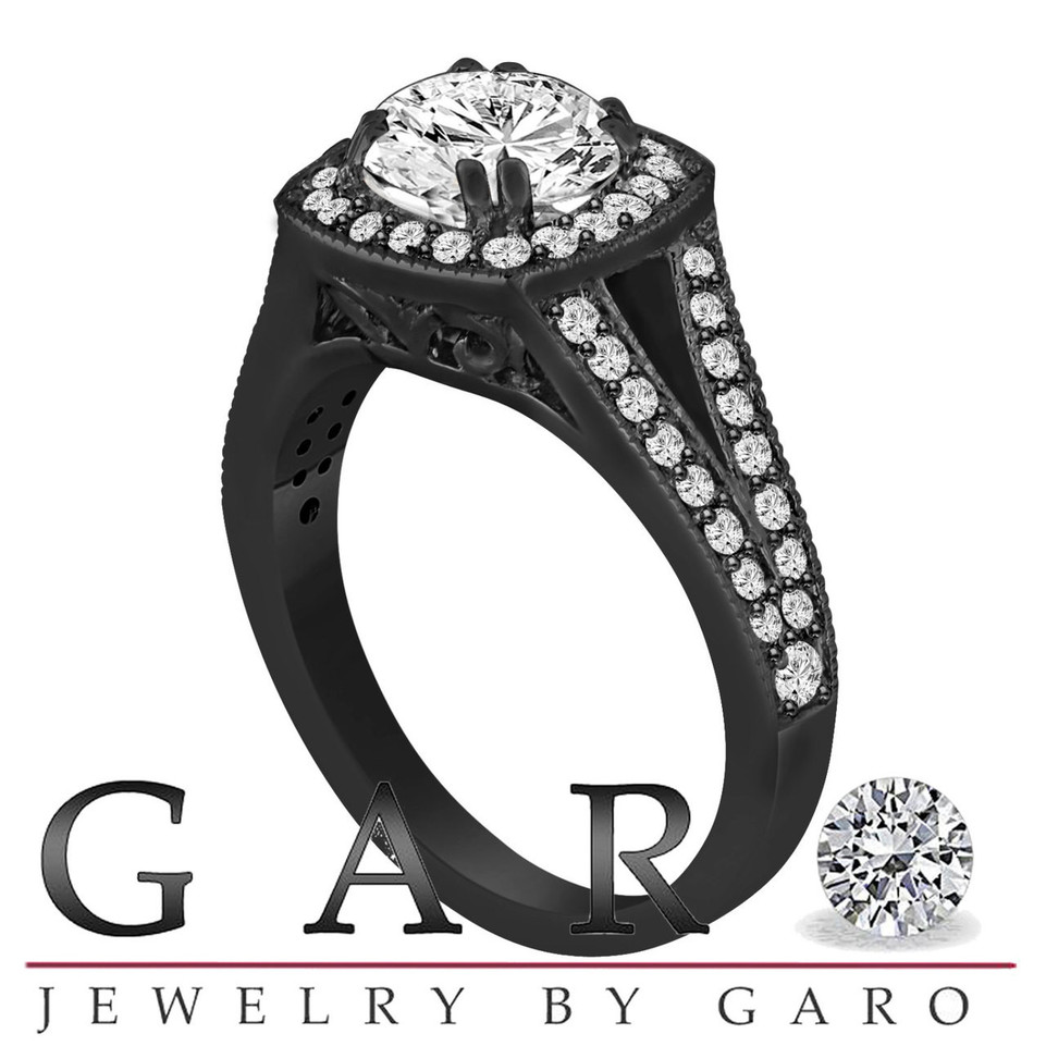 Colorless Lab Grown Diamond Halo Engagement Ring 1.57 Carat 14K Black Gold Vintage Style  IGI Certified Unique Handmade