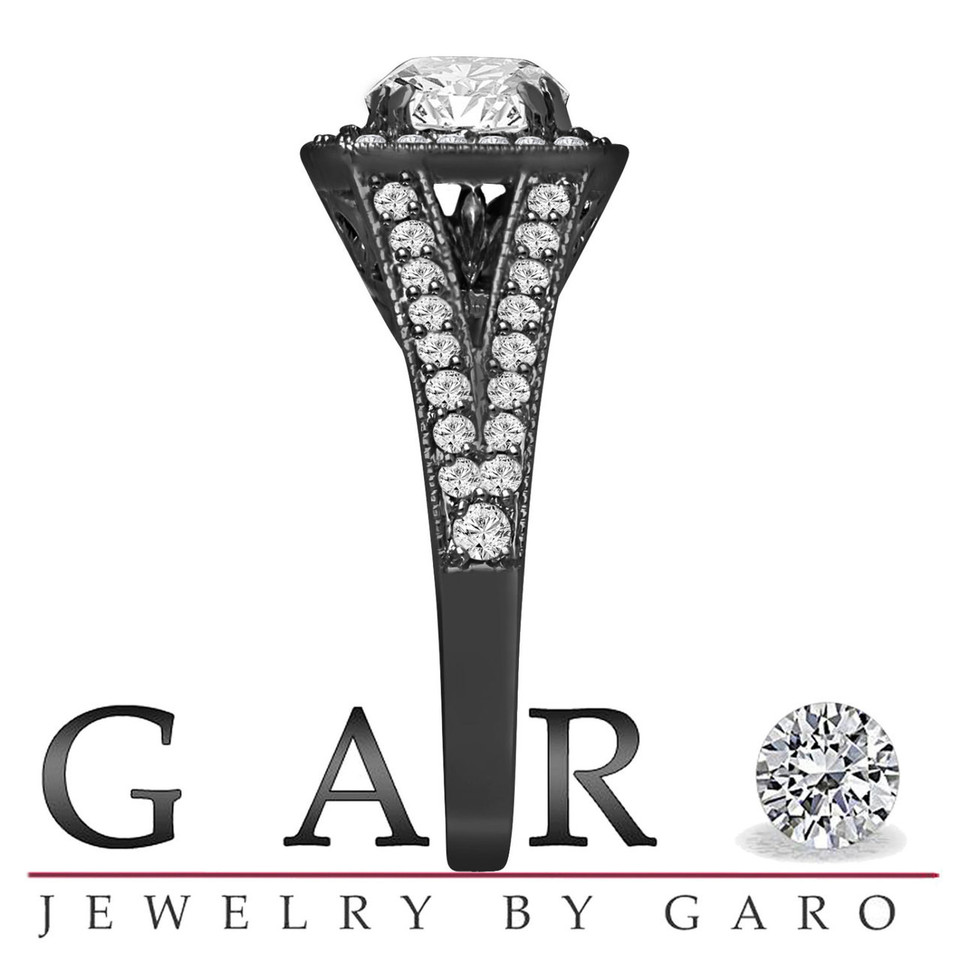 Colorless Lab Grown Diamond Halo Engagement Ring 1.57 Carat 14K Black Gold Vintage Style  IGI Certified Unique Handmade