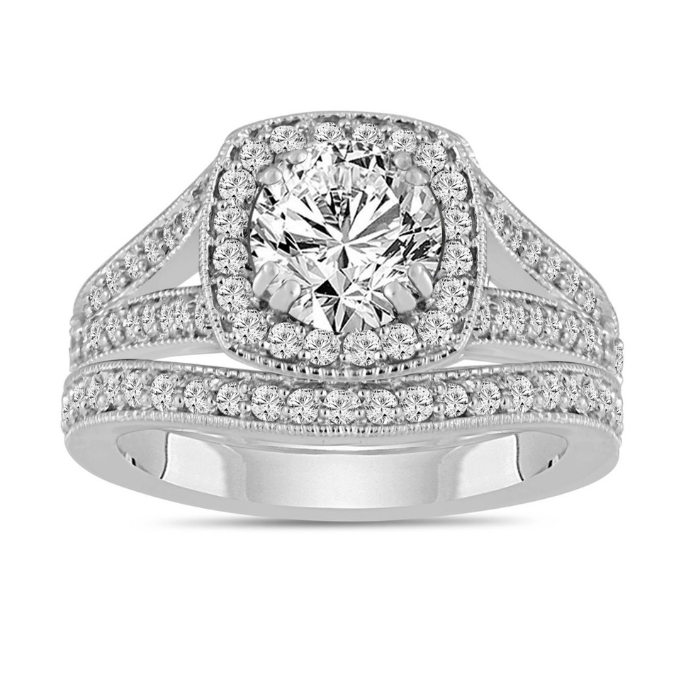 Lab Grown Diamond Halo Engagement Ring And Wedding Band Set 1.80 Carat 14K White Gold IGI Certified Unique Handmade