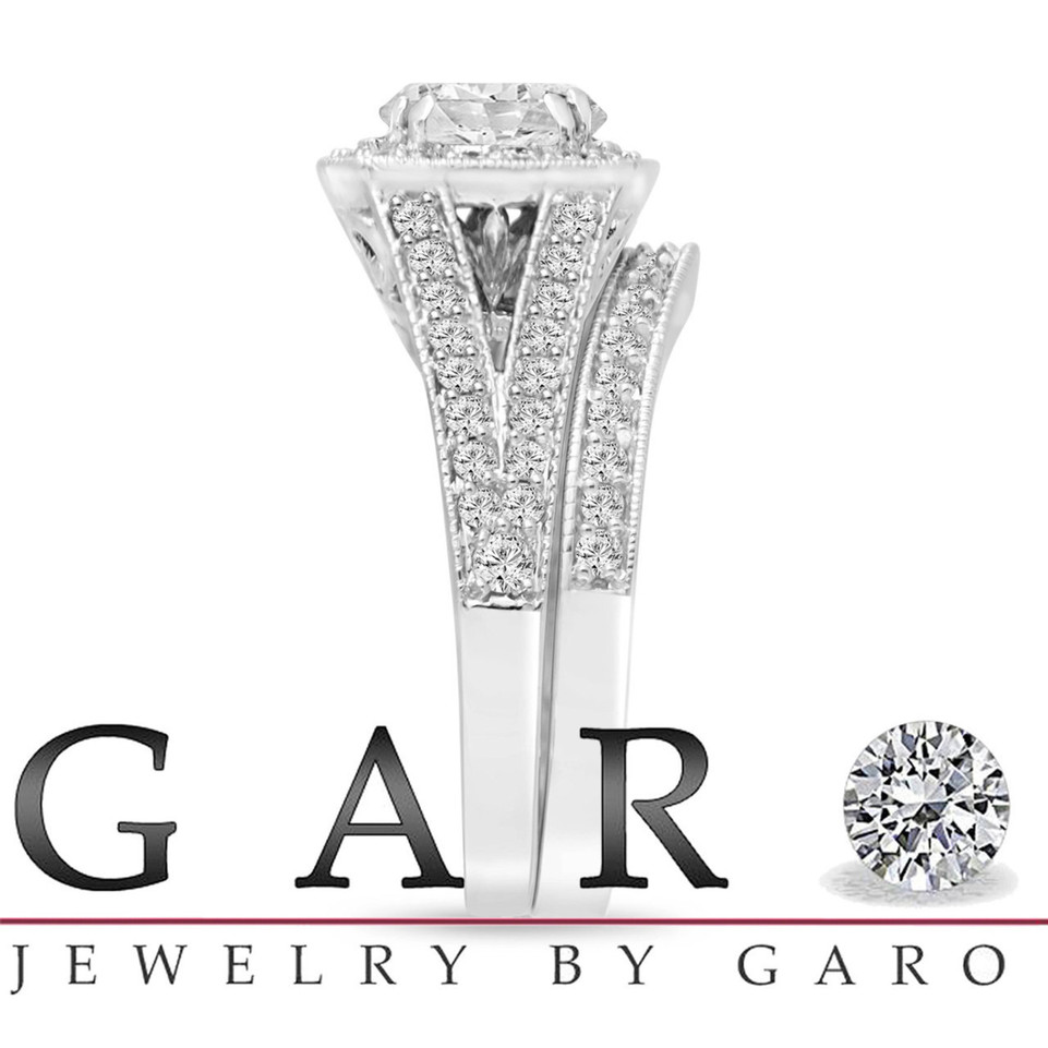 Lab Grown Diamond Halo Engagement Ring And Wedding Band Set 1.80 Carat 14K White Gold IGI Certified Unique Handmade
