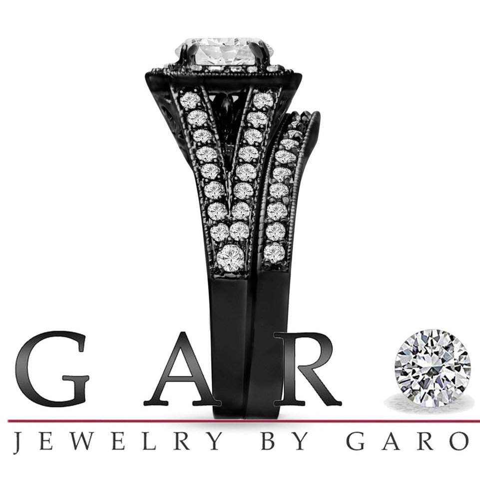 Colorless Lab Grown Diamond Halo Engagement Ring And Wedding Band Set 1.80 Carat 14K Black Gold Vintage Style  IGI Certified Unique Handmade